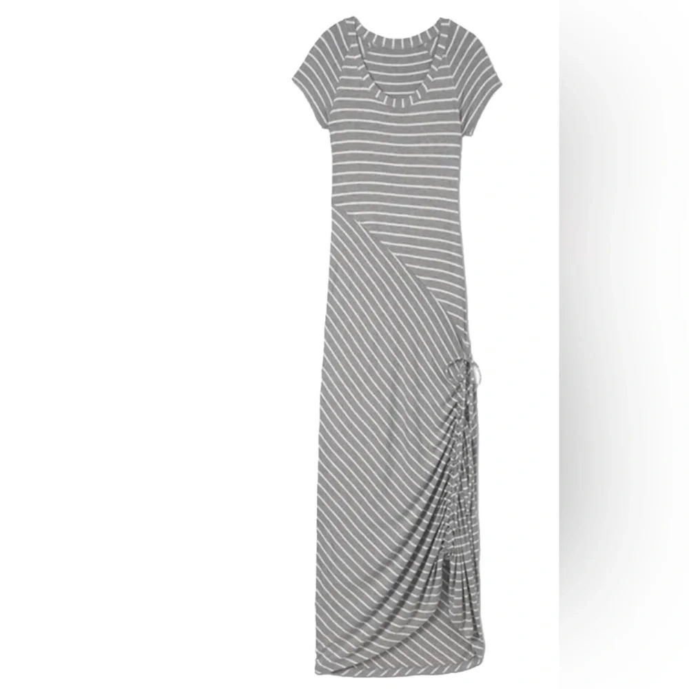 New Athleta Shark Bite Cinch Maxi Dress Gray Asymmetrical Striped Jersey Small - Picture 2 of 14